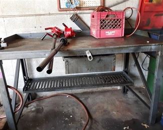 Metal Workbench w/Vice and 2 Peg Boards with Contents