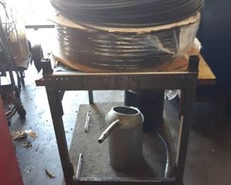 Rolling Metal Cart, 3 Spools of Nylon Tubing, 2 Oil Cans