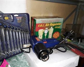 Contents of Shelf, Wrench Set, Heat gun (new), FRL Air Regulator, Tow Light Connector (7 blade), and More