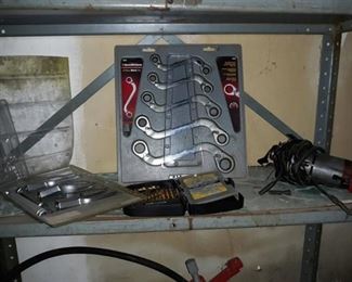 Contents of Shelf, Wrench Set, Ball Joint & Tie Rod Kit, Craftsman Drill Bits, Drill