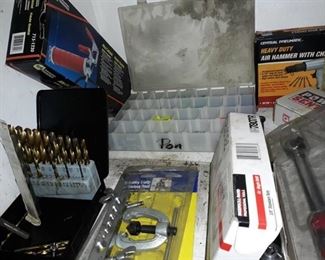 Contents of Shelf, Grease Gun, Drill Bits, Flaring Tool, Pneumatic Air Hammer, Chisels, Air Angle Drill, Air Hoses, and More