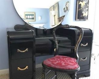005 Black Art Deco Dressing Table, Mirror, and Chair