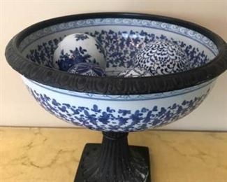 Blue and White Pedestal Bowl with Glass Balls