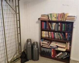 books, vintage luggage