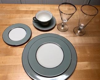 Windermere Grey China by Castleton.  Service for 10+.  And lovely crystal. 