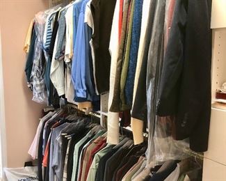 LOADS of men's clothes.  Size Large shirts, pants 38 W, 30 L.  Including several grey pinstripe suits from Atlanta men's specialty shops.  