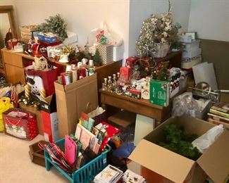 Christmas galore!  Decorations, wrap, lights, wreaths, candlesticks.  