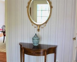 Pair of Baker banded mahogany console tables & pair beautiful giltAdams style oval mirrors