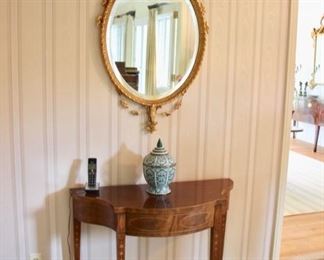 Pair of banded mahogany console tables & pair beautiful gilt oval mirrors