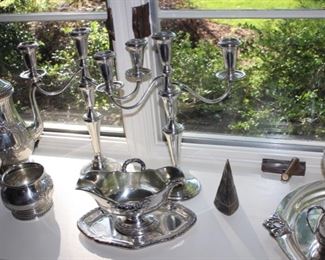 Pair sterling candelabra & 800 silver sauce boat with underplate