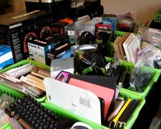 Everything from routers, switches, hubs, chargers, monitoring kits, webcams, headsets, game controllers, docks, keyboards, monitors, laptops, Apple products to stereo cabinets, shelves, tv stands, printers, books, music and MORE!!