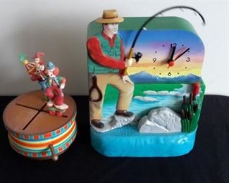Vintage dancing clown music box that works great! Fisherman clock with moving fishing pole.