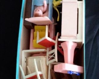 Vintage doll house furniture. Sold as lot.