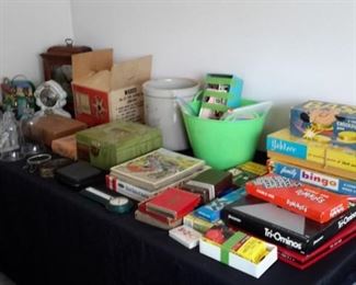 Vintage games, puzzles, projectors, dollhouse furniture and people, bookends, clocks, etc!