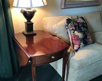 Baker Side tables with drop leaves, table lamps, and another view of the Sherrill Couch