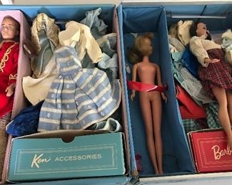 Vintage Barbie, Midge and Ken. Clothes and wigs in vintage case.