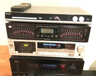 Philips HTS 3450 DVD Home theater system, PS our stereo frequency equalizer model EQ-3000, Denon split power supplied audio amplifier/ stereo cassette tape deck model DR-M11 and Denon  Percision audio component / AV surround receiver model AVR-3600