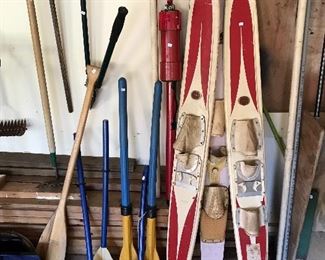 Vintage water skis and boat paddles