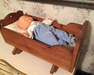 Wooden Doll Cradle and Doll