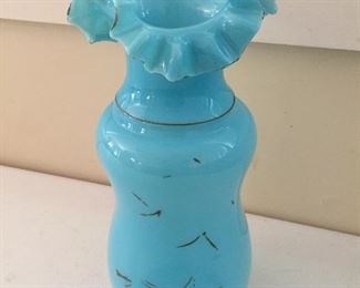 Blue Art Glass Ruffle Edge Vase