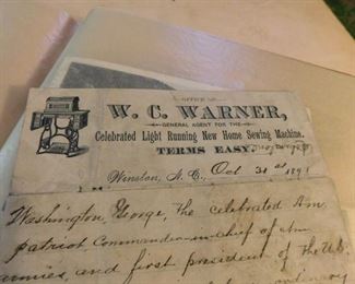 1891 W.C. Warner New Home Sewing Machine Letterhead(Winston, N.C.)