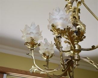 Antique Brass Chandelier with Flower-Shaped Glass Shades