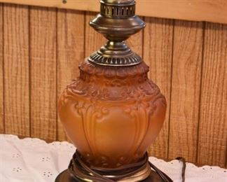 Vintage Table Lamp with Amber Glass & Brass Base