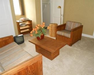 A solid wood ensemble of furniture.  Great for a lake house or kids area.