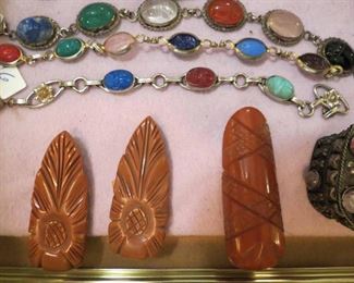 Bakelite Dress Clips & Scarab Bug Bracelets