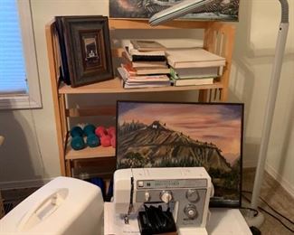 Vintage Necchi Sewing Machine, Various lamps, Small frames, Paintings unique to the foothills

