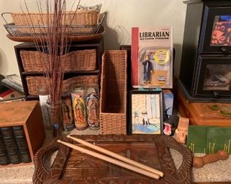 Slit Drum (also known as a Timber Drum), Drumsticks, wicker organization, candles, action figure, baskets, decor
