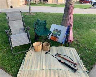 Patio  chairs, lawnchair, woven baskets, antique bike pumps, antique bicycle pumps, camping gear, camping chairs.
