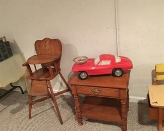 Vintage High Chair, Side Table, and Vintage Toy Corvette