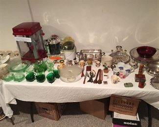 Depression glass, popcorn makers, silver plate dishes, vintage tins, etc