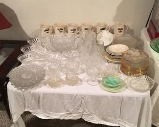 Crystal dishes, Antique truck mugs from a dealership, gold rimmed glassware, vintage platters, etc
