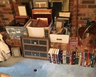 Picture Frames, VHS movies, fireplace tools and brass bucket