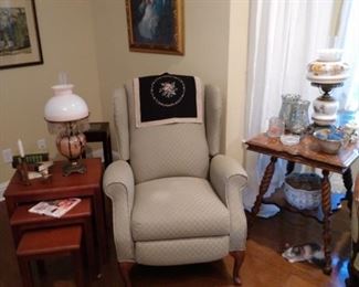 Recliner, nest of table and antique table