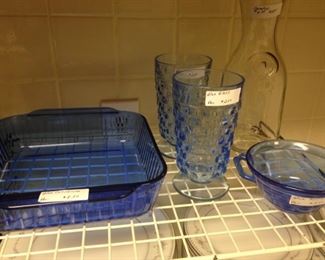 Blue pyrex, glasses, and bowl