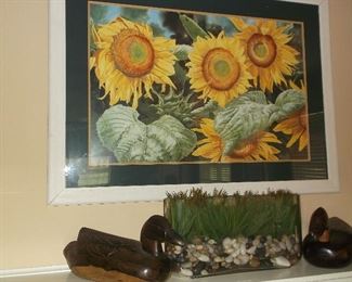 Sunflower print and hand carved duck decoys from Belize