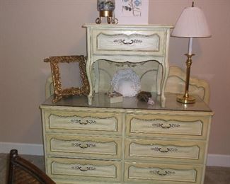 White French style queen bed, dresser, and side table