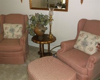 Pair of wing back chairs and ottoman
