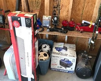 Portable Chicago electric generator,  Electric space heater, Sports balls and box fan