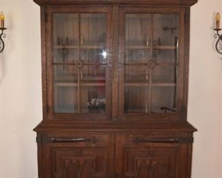 Amazing handmade Oak Cabinet - Wrought Iron Hinges, carved top, must see to appreciate . A great piece you could design an entire room around $1000