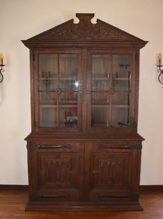 Amazing handmade Oak Cabinet - Wrought Iron Hinges, carved top, must see to appreciate .  A great piece you could design an entire room around  $1000