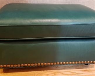 GREEN LEATHER OTTOMAN W/NAILHEAD TRIM