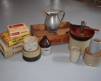 MERCURY JUG.       LAMBRECHT BUTTER CROCK.  METAL NUT BOWL.  POP CREATE.  CIGAR BOX