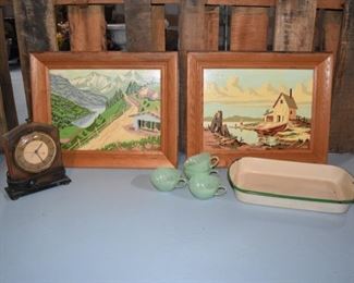 PAINT BY NUMBER.     MANTEL CLOCK.   JADITE CUPS