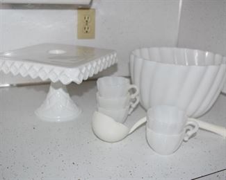 MILK GLASS CAKE SERVER.        PUNCH BOWL SET