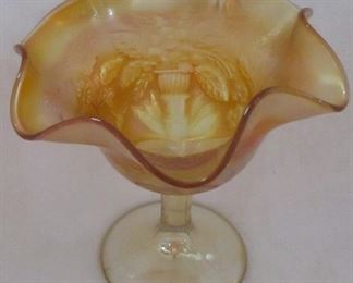 
Peacock & urn carnival glass compote