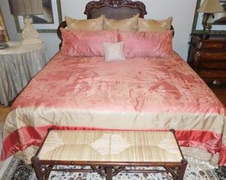 King bed with little used mattress $1,100.  Bedding set $125.  sofa bench sold